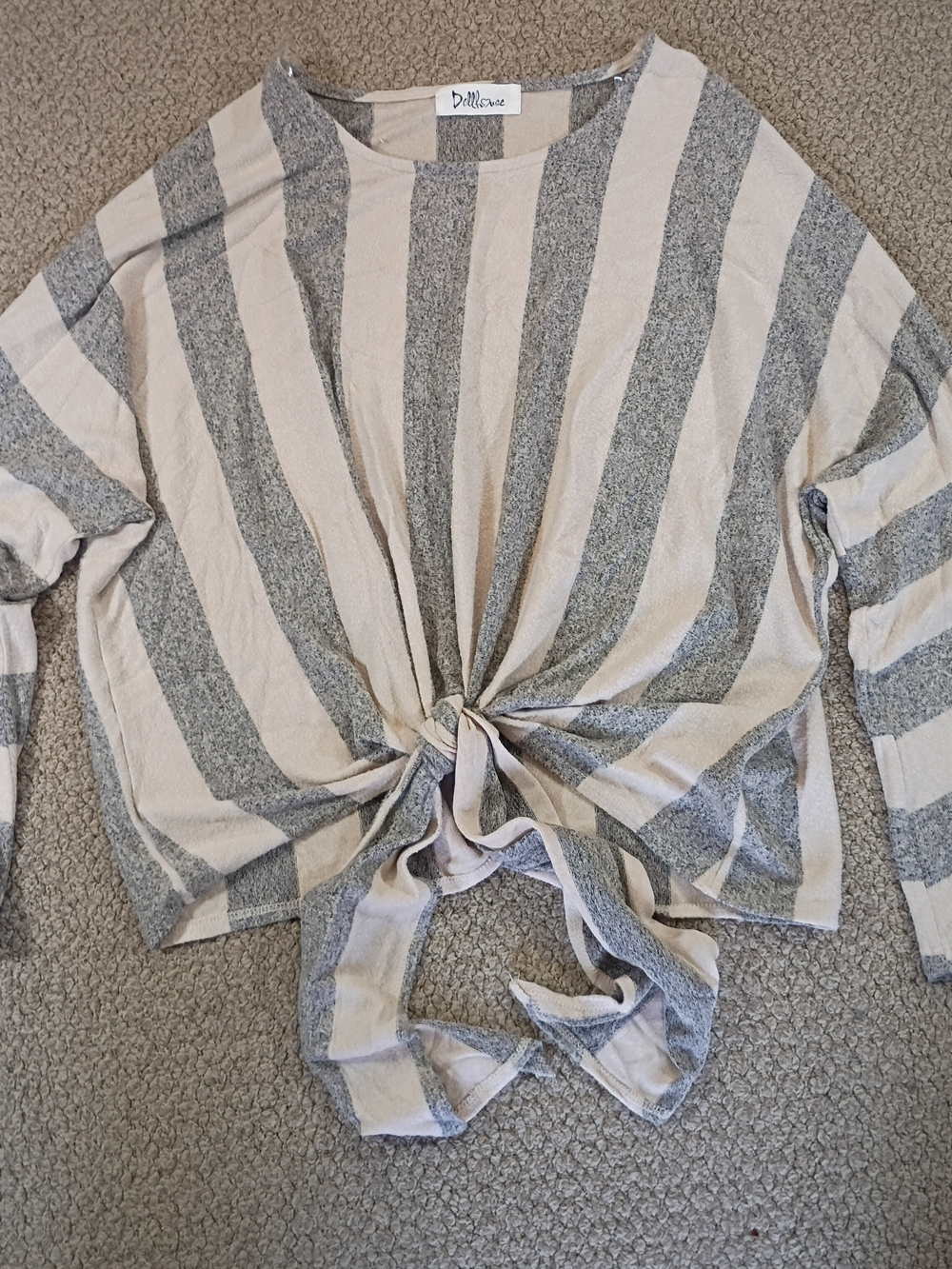 Dollhouse Beige and Gray Striped Tie-Front Top